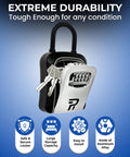 Rugged Outdoor Key Lock Box with 4 Digit Combination for Outside Key Storage, Weatherproof Zinc Alloy Safe Box open with keys visible.