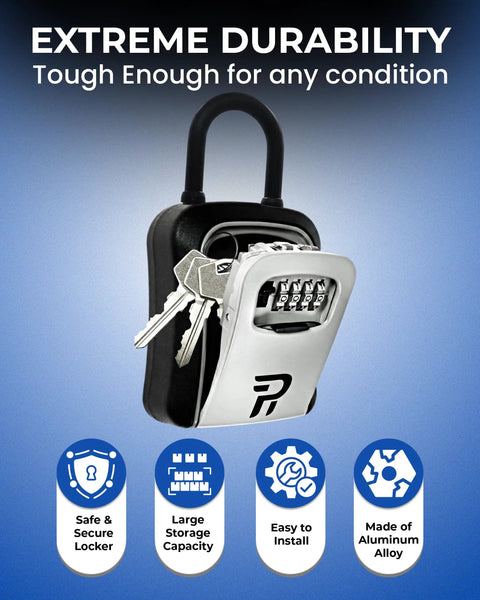 Rugged Outdoor Key Lock Box with 4 Digit Combination for Outside Key Storage, Weatherproof Zinc Alloy Safe Box open with keys visible.