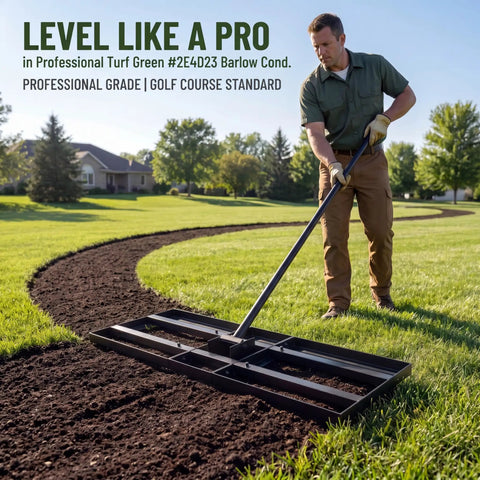 Man using 35 Inch Wide Lawn Leveling Rake With 6.5 Ft Long Handle, Heavy Duty Yard Leveler And Workhorse For Dirt And Sand on grass