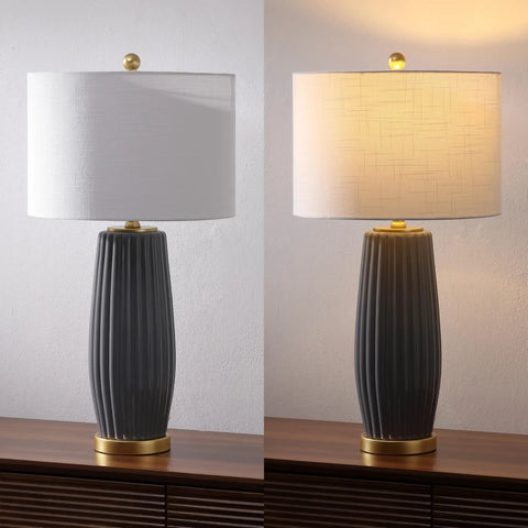 Gray 28.5 Inch Modern Ceramic Table Lamp With Fluted Base And White Linen Shade, Gold Accent, Energy Efficient LED Bulb Included, Perfect Nightstand Or Living Room Accent Light