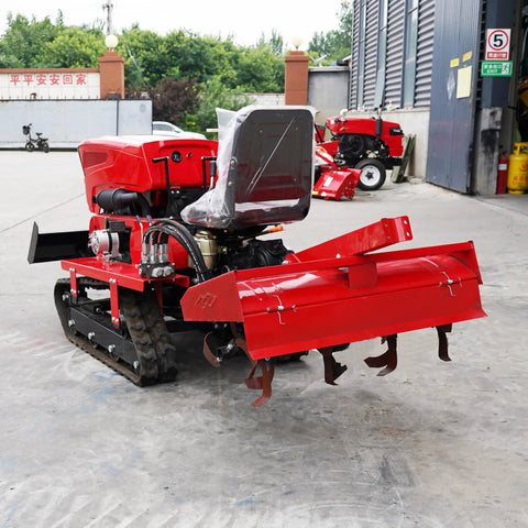 Small Farm Workhorse Mini Tracked Tractor With Rubber Tracks For Easy Operation, rear view showing red tiller attachment.