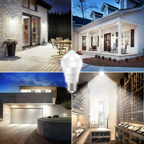 No Brainer Motion Sensor Light Bulbs For Indoor And Outdoor Use 12W 100W Equivalent A19 E26 5000K Daylight Dusk To Dawn Motion Activated Lighting For Front Door Porch Garage Basement Hallway 2 Pack shown lighting porch, garage, and hallway spaces