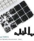 750 Pieces Black Mini Screw Assortment Kit M1.4 To M3 Phillips Pan Head Carbon Steel Fasteners, arranged in a clear organizer.