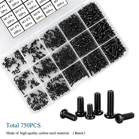 750 Pieces Black Mini Screw Assortment Kit M1.4 To M3 Phillips Pan Head Carbon Steel Fasteners, arranged in a clear organizer.
