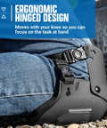 Close-up of Ultra Flex KneePro Knee Pads on jeans showing adjustable straps and ergonomic metal hinges for construction work.