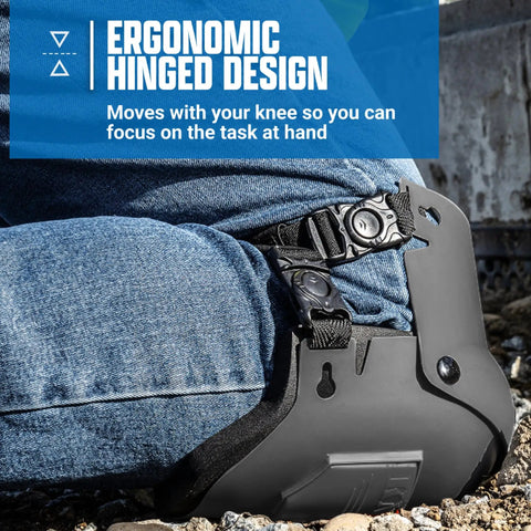 Close-up of Ultra Flex KneePro Knee Pads on jeans showing adjustable straps and ergonomic metal hinges for construction work.