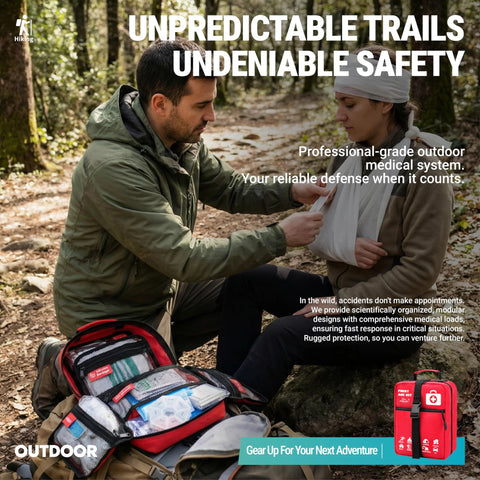Two red first aid kits with organized compartments on a forest hiking trail.