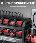 Garage Ready Heavy Duty Power Tool Organizer With Built In Eight Outlet Surge Protected Charging Station And Wall Mount Drill Holder For Garage And Workshop Storage And Easy Tool Access showing tools charging