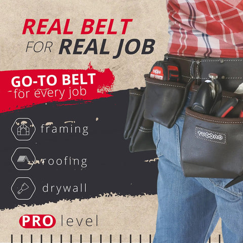 12 Pocket Oil Tanned Leather Tool Belt For Builders And DIYers shown worn with tools in pockets, promoting versatility.