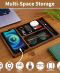 Acacia Wood Leather Valet Tray With Charging Port Multi Space Desk Organizer for storing phone, keys, watch, and glasses on desk