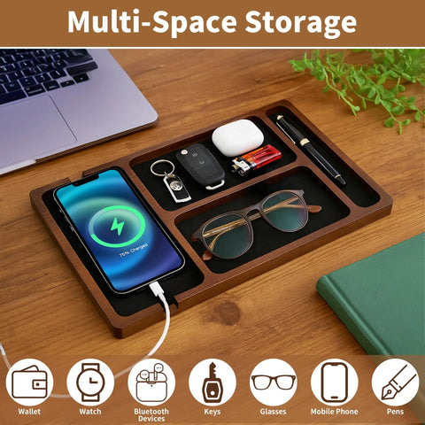 Acacia Wood Leather Valet Tray With Charging Port Multi Space Desk Organizer for storing phone, keys, watch, and glasses on desk