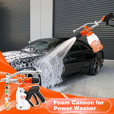Dual Tip Foam Cannon For Pressure Washer Gun With Quick Connect One Quarter Inch Stainless Steel Car Wash Foam Blaster in use on car