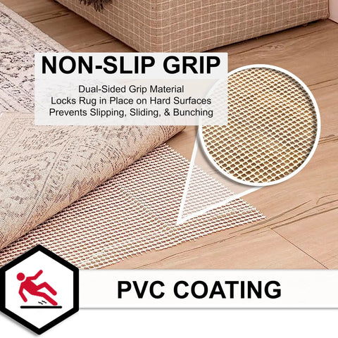 Non Slip Rug Gripper Pad For 2x10 Area Rugs On Hard Floors Keeps Rugs In Place In High Traffic Areas Prevents Slipping Wrinkles And Bunching With A Strong Grip Easy To Install shown with dual-sided grip and PVC coating in use on hardwood floor.