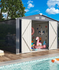 Heavy Duty Outdoor Tool Shed With Lockable Doors And Breathable Vent, 10x8 Ft Metal Garden Storage for poolside with open doors