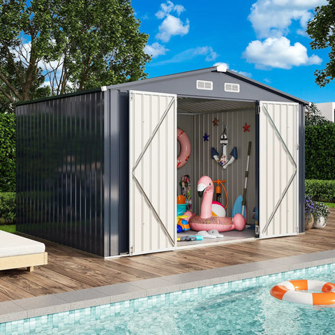 Heavy Duty Outdoor Tool Shed With Lockable Doors And Breathable Vent, 10x8 Ft Metal Garden Storage for poolside with open doors