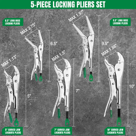 5-Piece Locking Pliers Set With Long Nose And Curved Jaw For Gearhead Projects Premium CR-V Steel Nickel Plated Anti Rust