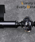 Close-up of black curtain rod with crystal finials, showcasing ultra modern luxury curtain hardware, rock solid iron construction.