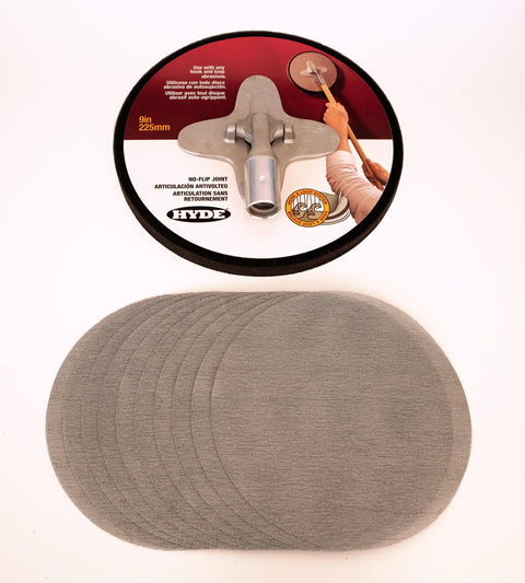 9 Inch Radial Sander Kit With Pivoting Head For Drywall And Walls, Great For Fast Smooth Finishes, Includes One 120 Grit Sanding Sheet And Ten 240 Grit Discs, Ideal For Ceilings And Prep Work, showing sander base and sanding discs