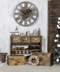 Steampunk Wall Clock With Moving Bronze Gears And Rustic Wooden Frame Perfect For Farmhouse Decor above a wooden console.