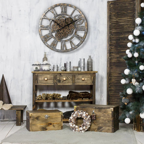 Steampunk Wall Clock With Moving Bronze Gears And Rustic Wooden Frame Perfect For Farmhouse Decor above a wooden console.