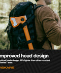 Ultralight Hiking Axe 13 Inch With 15 Percent Lighter FiberComp Handle And Ultra Sharp Forged Steel Blade carried on backpack