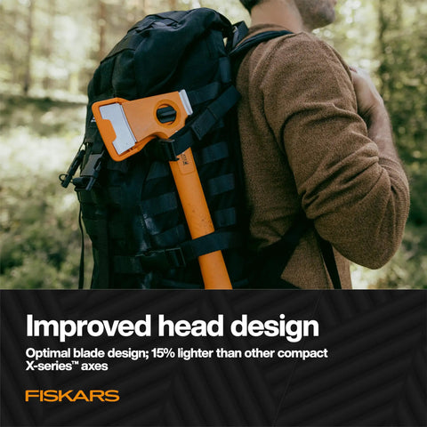 Ultralight Hiking Axe 13 Inch With 15 Percent Lighter FiberComp Handle And Ultra Sharp Forged Steel Blade carried on backpack