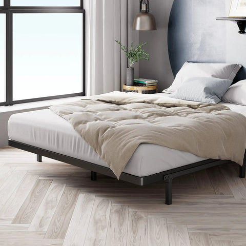 Heavy Duty Queen Bunkie Board And Thick Steel Frame Mattress Support on a bed with a soft beige blanket.