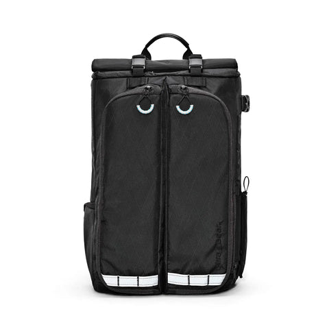 Front view of City Commuter Camera Backpack With 18 Liter Rolltop Closure, Dedicated Mirrorless Camera Rear Compartment, Padded Laptop And Tablet Sleeves, Rugged Black Urban Carry For Daily Commutes