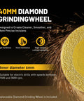 40mm diamond grinding wheel with 6mm inner diameter, designed for electric drills, highlighting high hardness and heat resistance.
