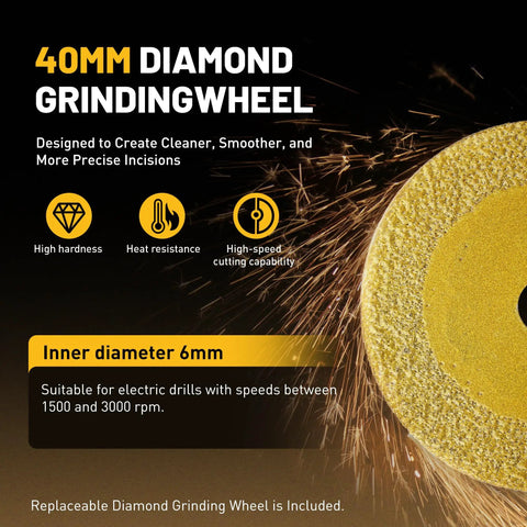 40mm diamond grinding wheel with 6mm inner diameter, designed for electric drills, highlighting high hardness and heat resistance.