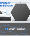 Twenty Pack Hexagon Soundproof Foam Wall Panels With Quick Peel Self Stick Backing High Density Noise Knockout Acoustic Tiles For Home Studio Decor Super Sleek Black Finish, showing 12" x 10" size.