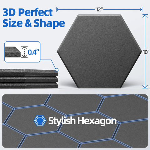 Twenty Pack Hexagon Soundproof Foam Wall Panels With Quick Peel Self Stick Backing High Density Noise Knockout Acoustic Tiles For Home Studio Decor Super Sleek Black Finish, showing 12" x 10" size.
