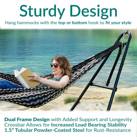 Universal Outdoor Hammock Stand Heavy Duty 550 Pound Capacity With Adjustable Length Fits 9 To 14 Foot Hammocks Including Mayan Brazilian Camping And Spreader Bar Styles Black Chains And Hardware Included with person relaxing by a lake.