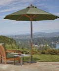Outdoor wooden chair with green cushion under green umbrella, overlooking scenic lake and mountains.