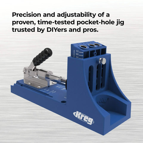 K4 Pocket Hole Jig for Pros and DIYers with adjustable drill guides for strong joints in wood, shown with clamping feature.