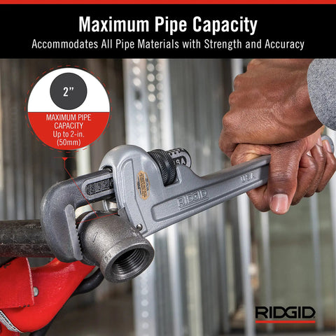 14 Inch Aluminum Straight Pipe Wrench For 2 Inch Pipe Capacity With Quick Ratcheting Action and full floating forged alloy jaws in use