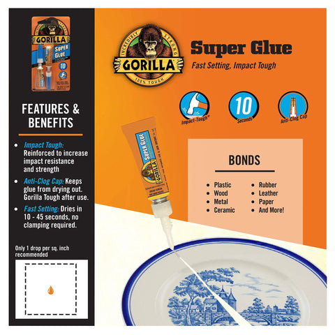 Clear All Purpose Glue In Four 3 Gram Tubes With Fast Setting applied on ceramic plate bonds glass plastic metal.