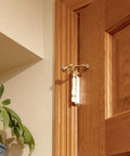 Five Pack Hinge Pin Door Stops With Rubber Tips And Wall Protectors installed on wooden door, satin nickel adjustable style.