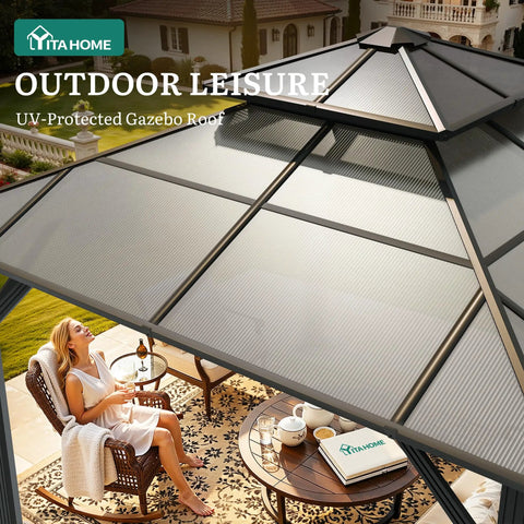 10x10 Ft Polycarbonate Hardtop Gazebo With UV Blocking Roof All Season Weatherproof Patio Shelter, top view with shaded area.