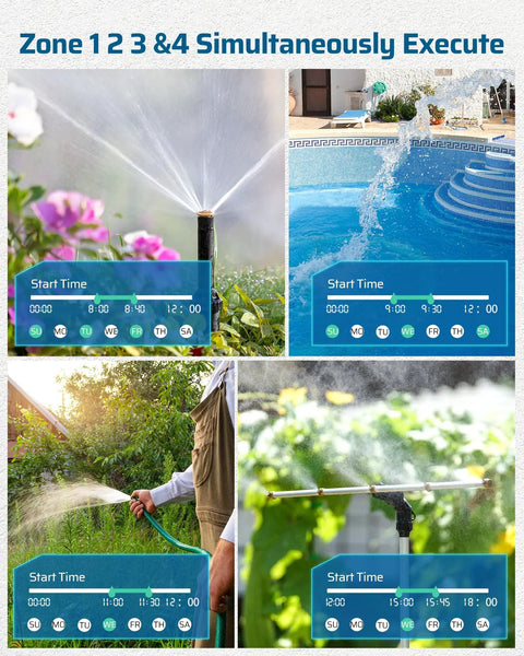 4 Zone Sprinkler Timer For Garden Hose With Rain Delay Manual Auto Irrigation Programmable Outdoor Faucet For Yard And Lawn With 3.4 Inch LCD Display And Easy To Use Interface showing simultaneous execution in garden and pool areas