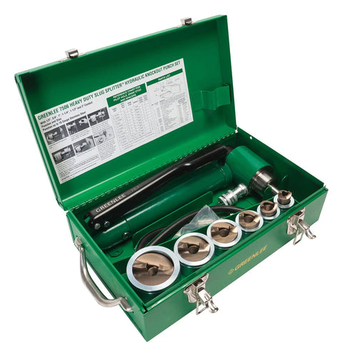 Open case showing Slug Splitter Self Centering Knockout Punch Kit With Hydraulic Ram And Pump For Fast Precise Holes In Electrical Panels