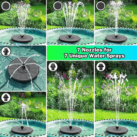 3.5W Glass Solar Fountain With Swivel Out Rods LED Lights And 2000mAh Battery 7 Nozzles Outdoor Solar Water Pump in use