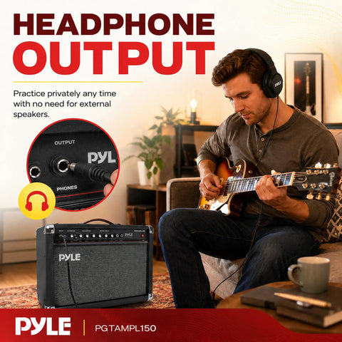 Man playing guitar with Portable 40 Watt Electric Guitar Amplifier With Dual Inputs And 6 Inch And 8 Inch High Definition Speaker Cones