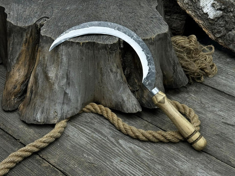 Hand-Forged Large Sickle With 7.5 Inch Blade, High-Carbon Steel For Gardening, Harvesting, And Landscaping, Ergonomic Ash Handle