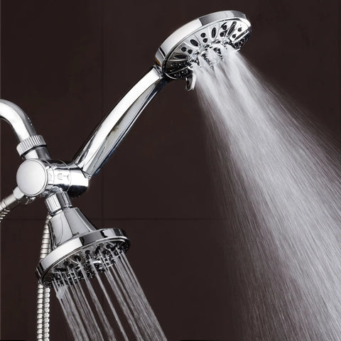 Total Chrome Premium High Pressure 48 Setting Three Way Shower Combo with Rain Head and Handheld in use