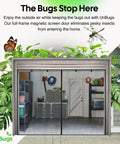 Single Car Garage Screen Door Fits Openings Up To Eight Feet Wide And Seven Feet Tall Easy Install Self Closing Hands Free Magnet Closure Keeps Bugs Out And Lets Fresh Air In Pet Friendly Kid Safe, shown installed on a garage, keeping out insects while allowing air flow.