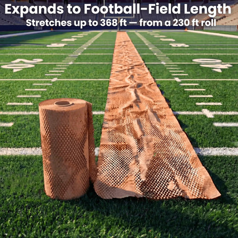 Bubbleless Packing Paper Alternative 12 Inch By 230 Foot Roll With Honeycomb Cushioning for Moving and Shipping laid across field