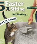 Person using 5X Faster No Shake Metal Cat Litter Scoop With Stainless Steel Sifting Design in a litter box with curious cat.