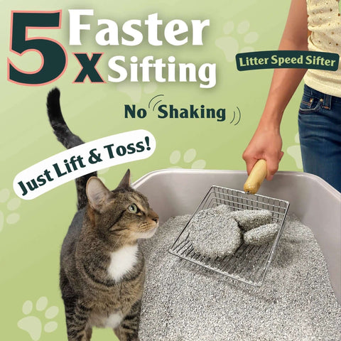 Person using 5X Faster No Shake Metal Cat Litter Scoop With Stainless Steel Sifting Design in a litter box with curious cat.