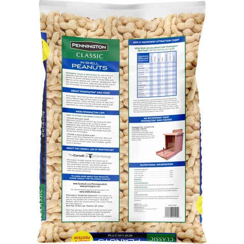 Top Shelf Whole In Shell Peanuts 5 Pound Haul for Outdoor Wild Bird Feeders in a clear bag with nutritional info on the back.
